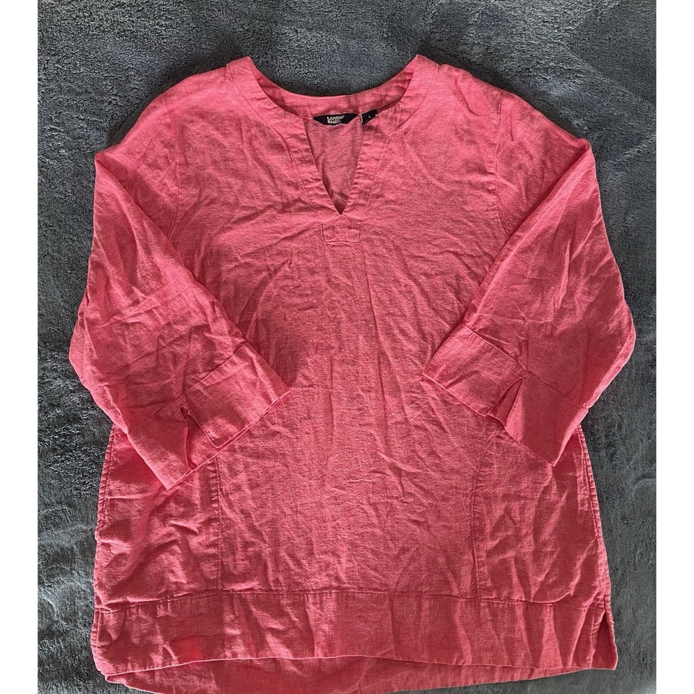 Lands End Shirt Tunic L Pink Split Neck 3/4 Sleeve Pocket Womens‎